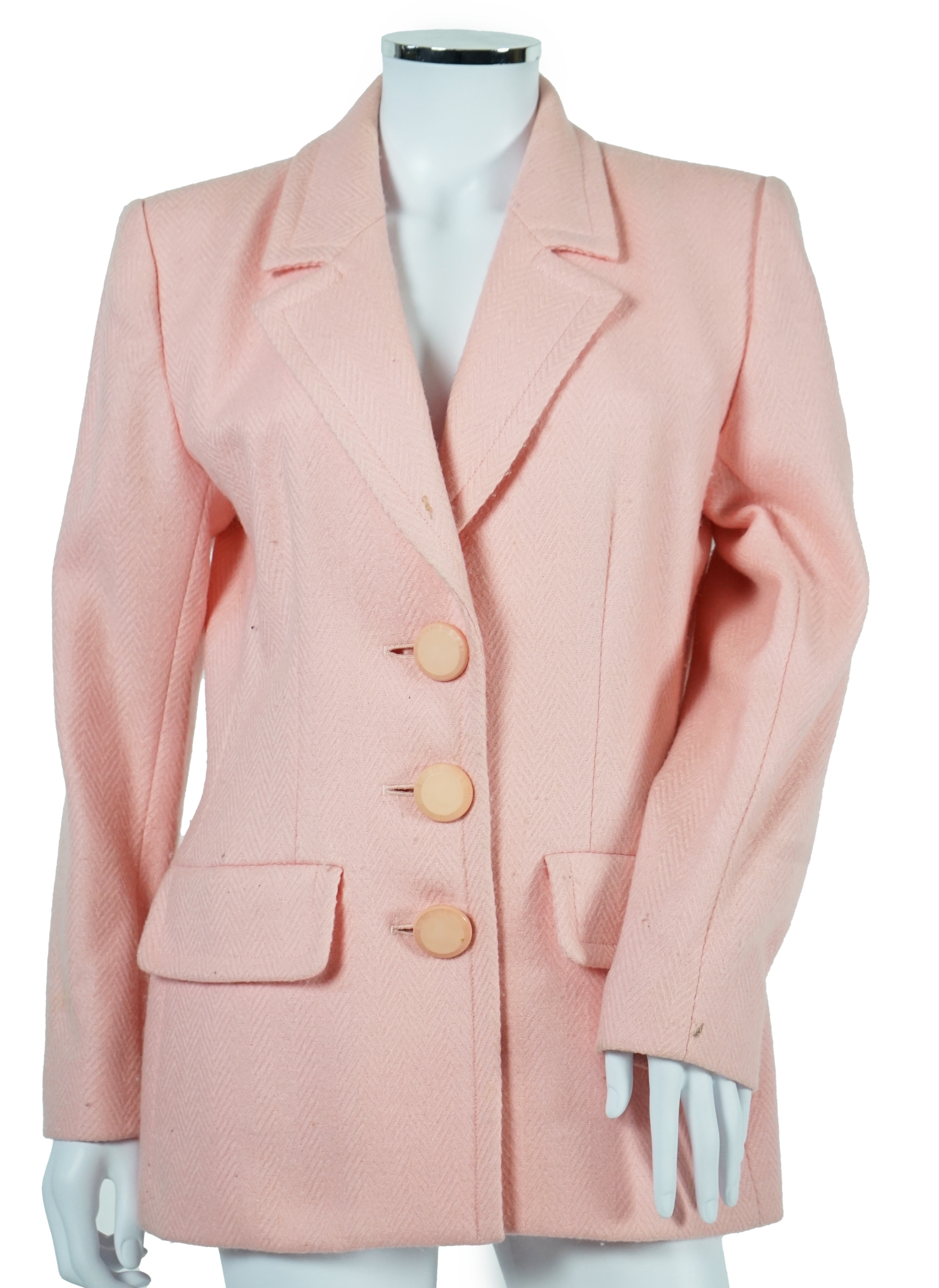 Two vintage Yves Saint Laurent variation lady's wool skirt suits, royal blue and pink. F 40 (UK 12). Please note alterations to make the waist smaller may have been carried out on some of the skirts. Proceeds to Happy Pa